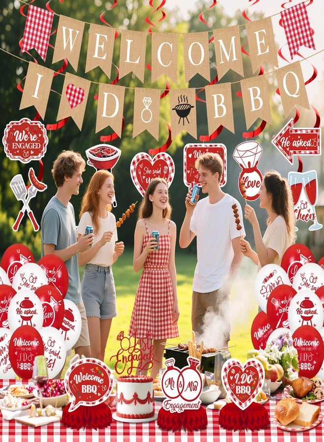 Woosytoo Welcome I DO BBQ Banner Decorations Barbecue We're Engaged Balloons Table Centerpiece Swirls Cake Topper Red Gingham Tablecloth for BBQ Engagement Bridal Shower Wedding Bachelorette Picnic Party - Image 3